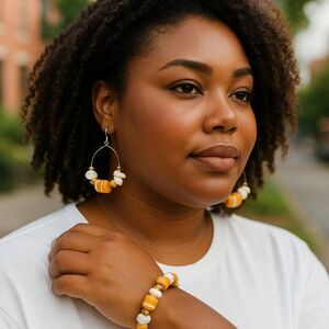 Orange White Natural Stone NEW Earrings + Bracelet SET Beaded Art Show Jewelry